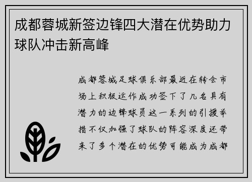 成都蓉城新签边锋四大潜在优势助力球队冲击新高峰