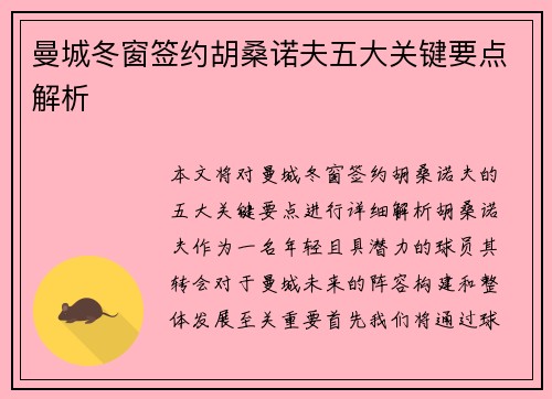 曼城冬窗签约胡桑诺夫五大关键要点解析